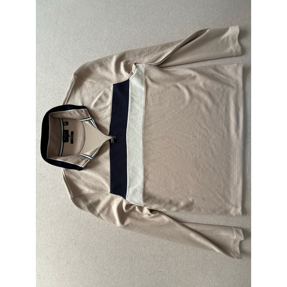 Ted Baker London Mens 5 XL Beige Navy Colorblock Quarter Zip Pullover Sweater